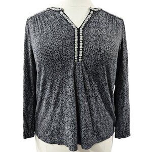 Lucky Brand Black White Geometric Split Neck Embroidered Top Hi-Lo Hem Boho